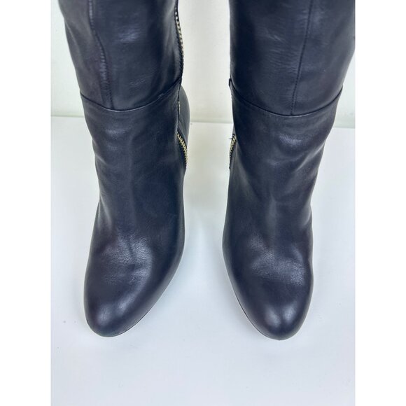 Banana Republic Women's Sz. 8M Tall Black Leather Stiletto Heeled Boots Gold Zip - Picture 4 of 16